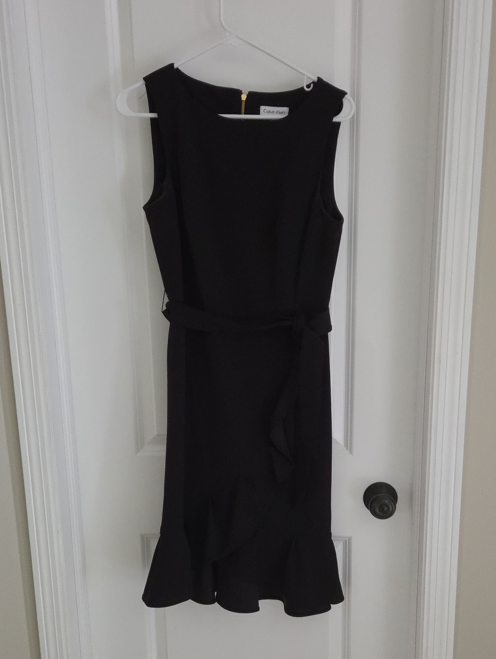 Calvin Klein Black Sleeveless Ruffle-Hem Belted Dress